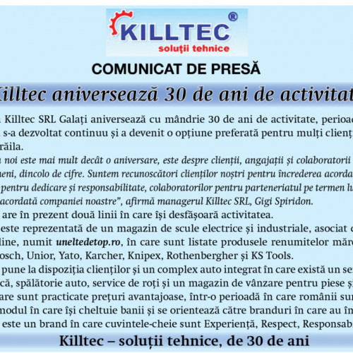 Killtec SRL Galați aniversează 30 de ani de activitate