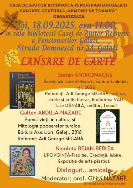Salonul Cultural „Armonii de toamnă” va prezenta două volume și o expoziție în Galați
