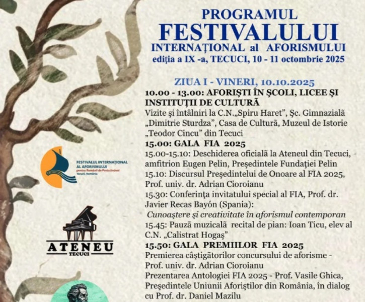Festivalul Internațional al Aforismului la Tecuci aduce personalități culturale și premii
